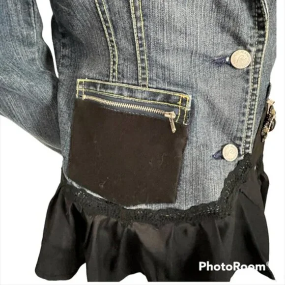 ☆ OOAK Refashioned Reworked Black Denim Steampunk Renaissance Jean Jacket Coat - Picture 7 of 11